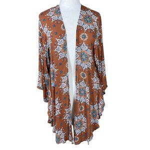 Torrid 3/4 Sleeve Brown Multicolor Medallion Open Front Crepe Kimono 10/12 NWT